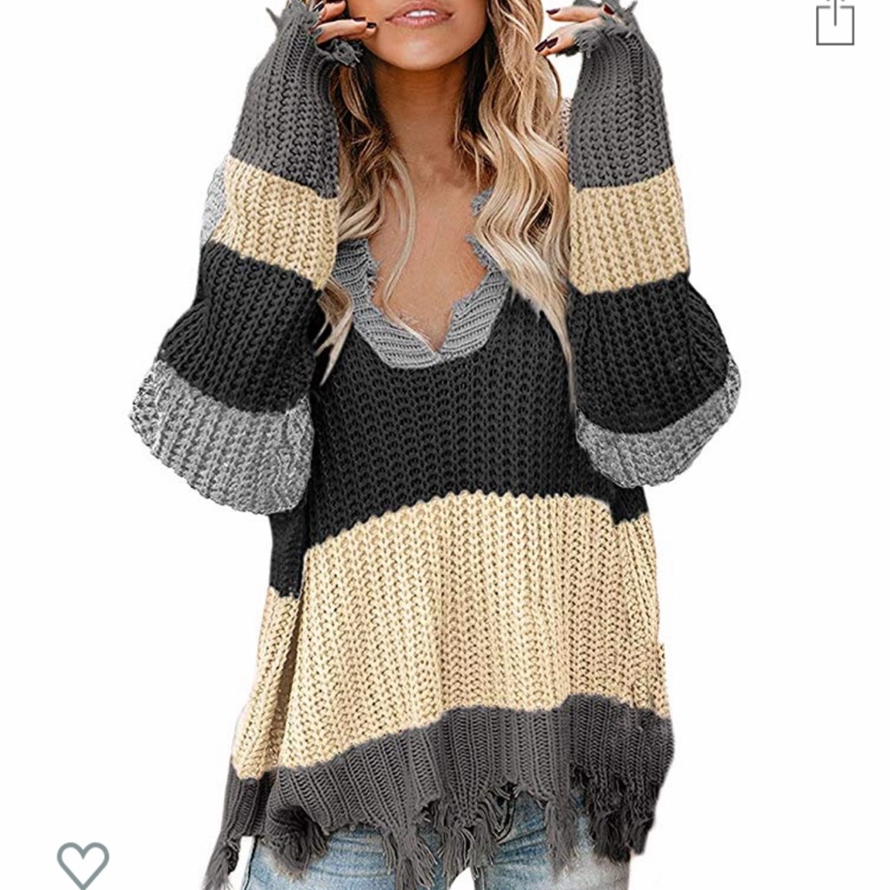 Striped Distressed Sweater - Black, Gray, Cream